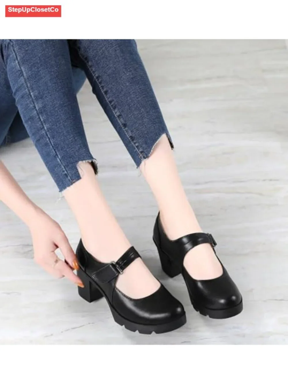 Women's Leather Classic Mid Heel Mary Jane Square Toe Oxfords Platform Dress